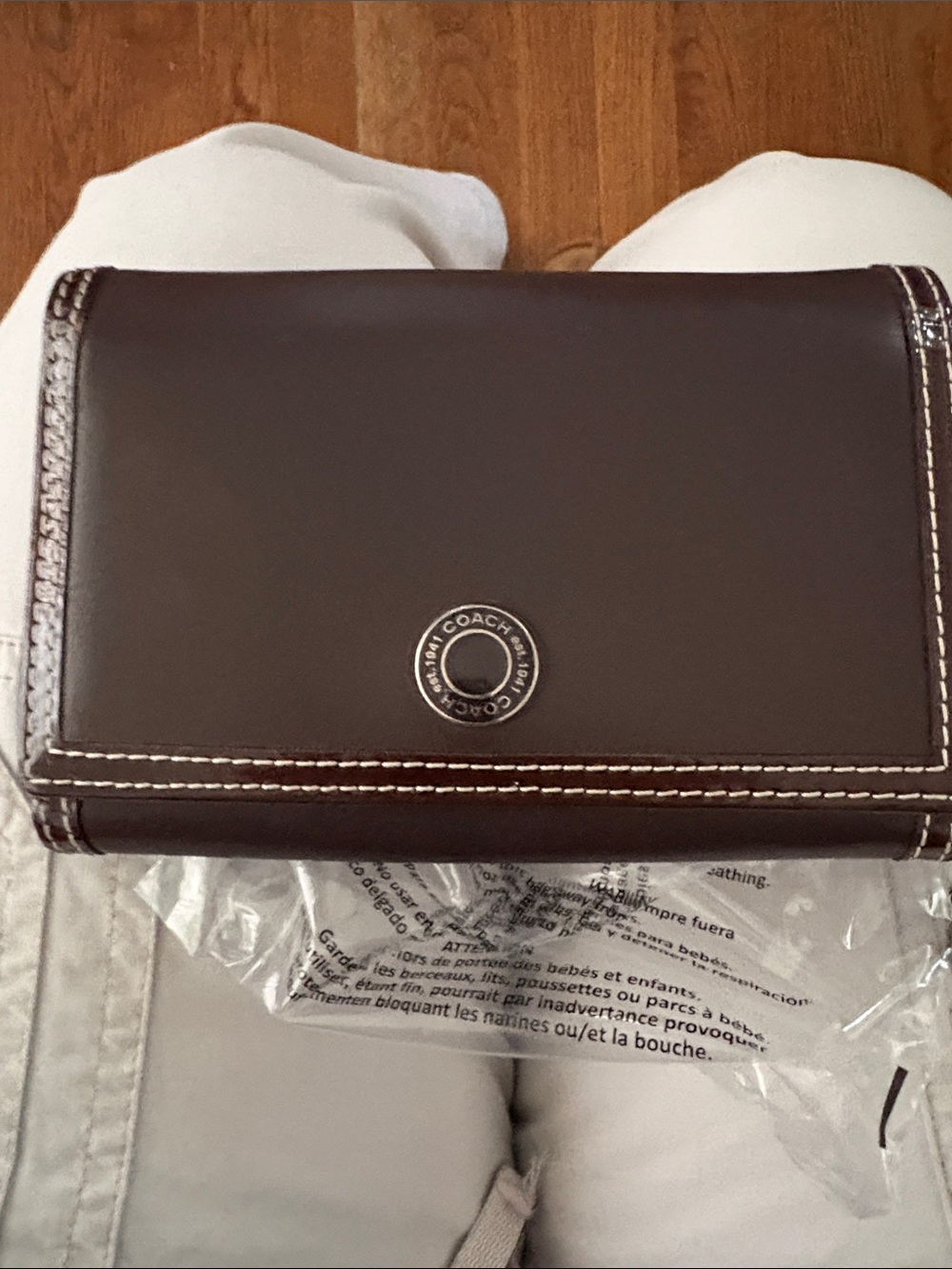 Coach Hampton Dark Brown Leather Tri-Fold Wallet with White Contrast Stitchin